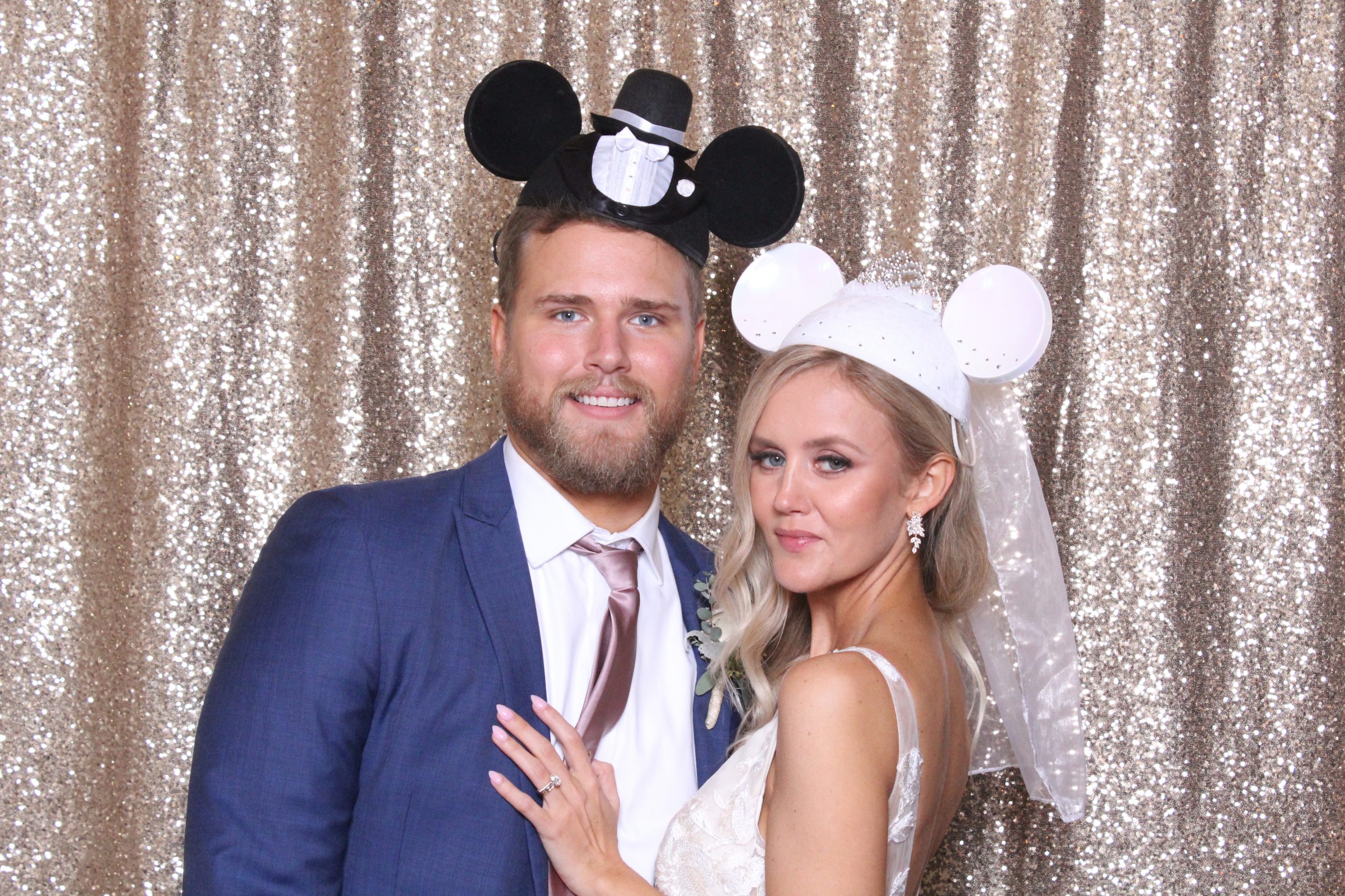 Party Shots Orlando Photo Booth Bride and Groom with Minnie and Mickey Prop hats